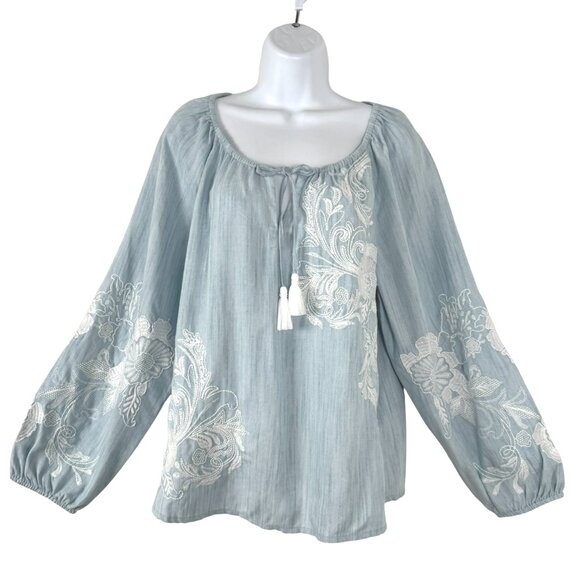 Soft Surroundings Tops - Soft Surroundings Diya Embroidered Peasant Top Medium Chambray Blue NWT TP-3509
